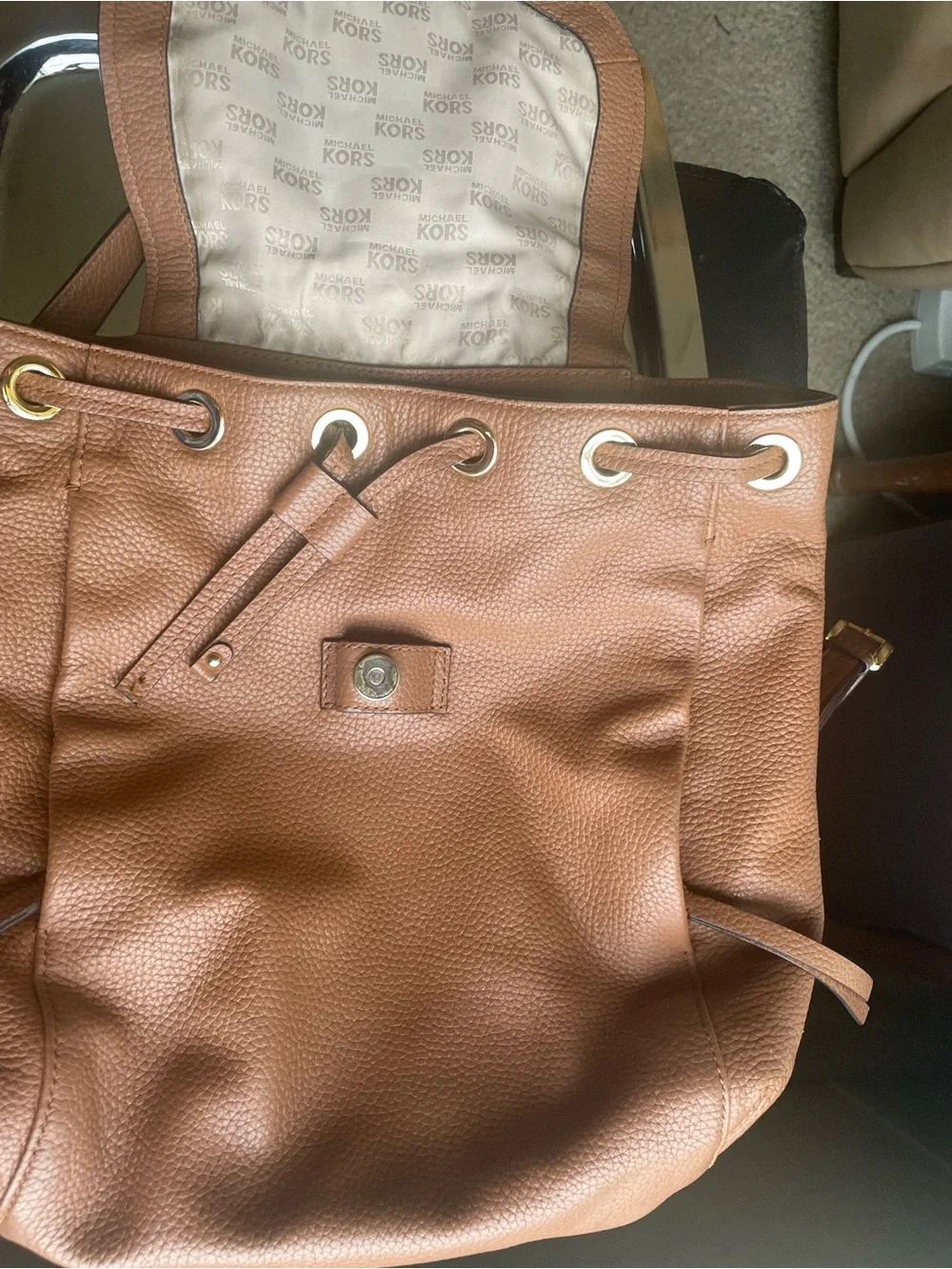 Michael Kors Brown Pebbled Leather Drawstring Backpack with Signature Wallet